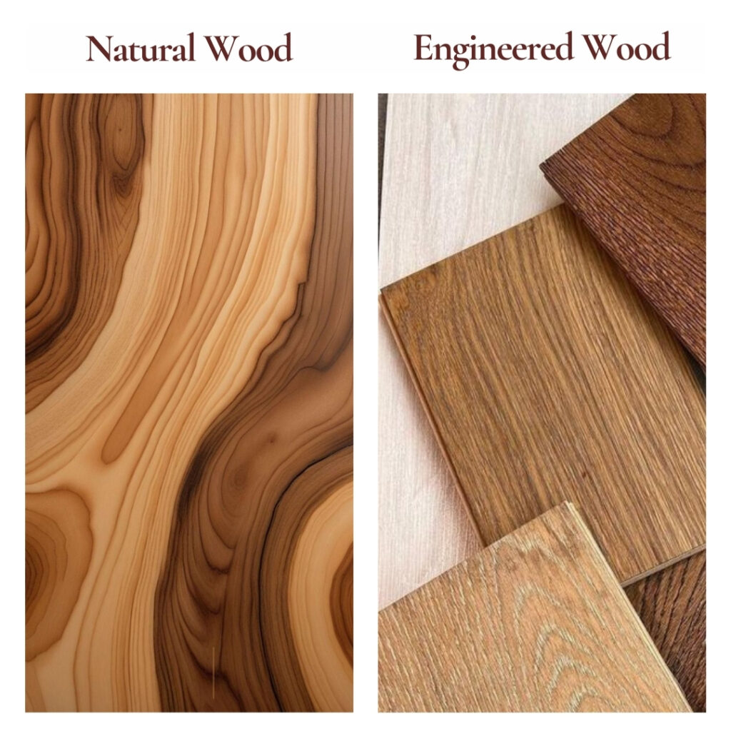 Close-up showing the distinct surface textures of natural wood (left) and engineered wood (right).
