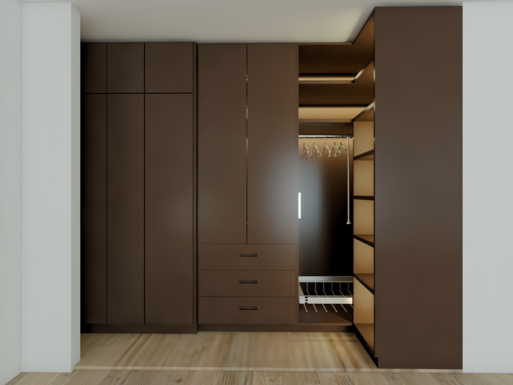 This is a modern fitted wardrobe with sliding doors and shelving. 