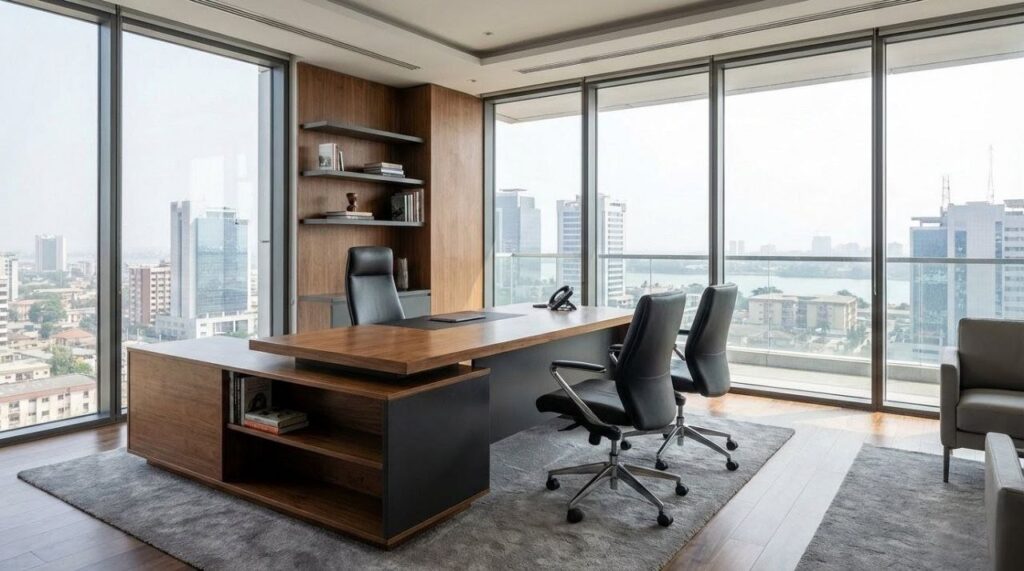 A high-end, photorealistic corporate office interior in Lagos, Nigeria, showcasing bespoke office furniture.