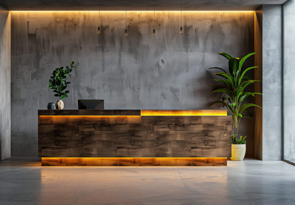 Luxury corporate reception design featuring bespoke wood paneling