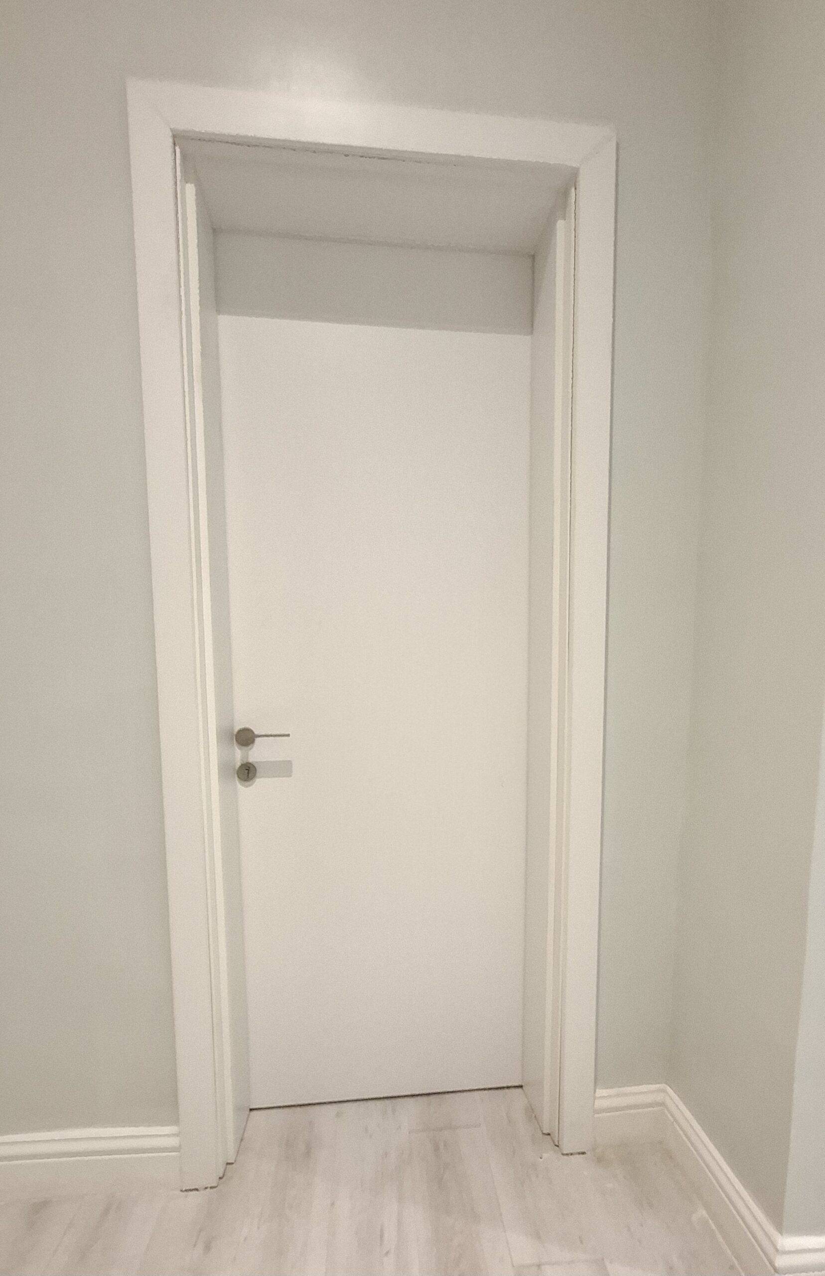 A tall, modern matte white flush interior door with a sleek silver lever handle, featuring a seamless architrave and clean minimalist aesthetic in a bright room.