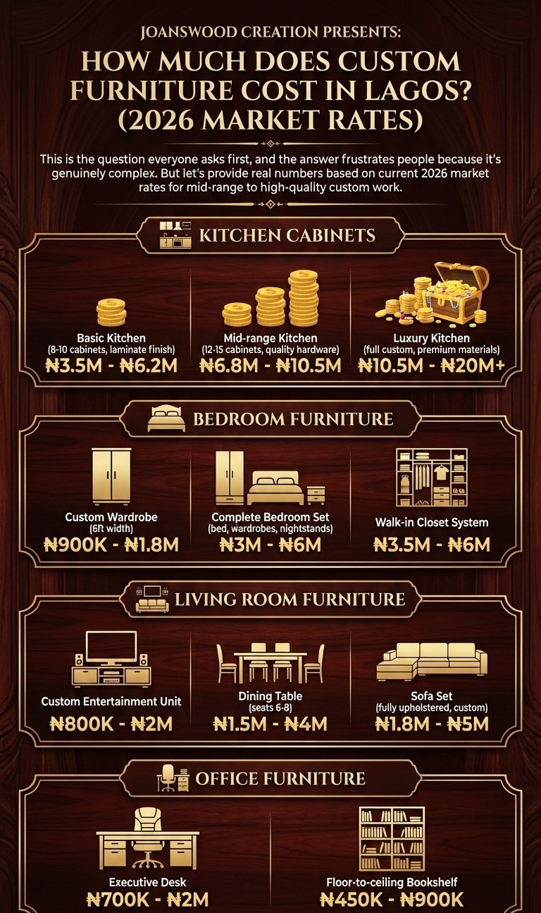 Infographic showing 2026 price ranges for bespoke kitchen cabinets, wardrobes, and living room furniture in Lagos by Joanswood Creation.