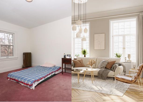 Before and after custom furniture installation in Lagos home showing transformation