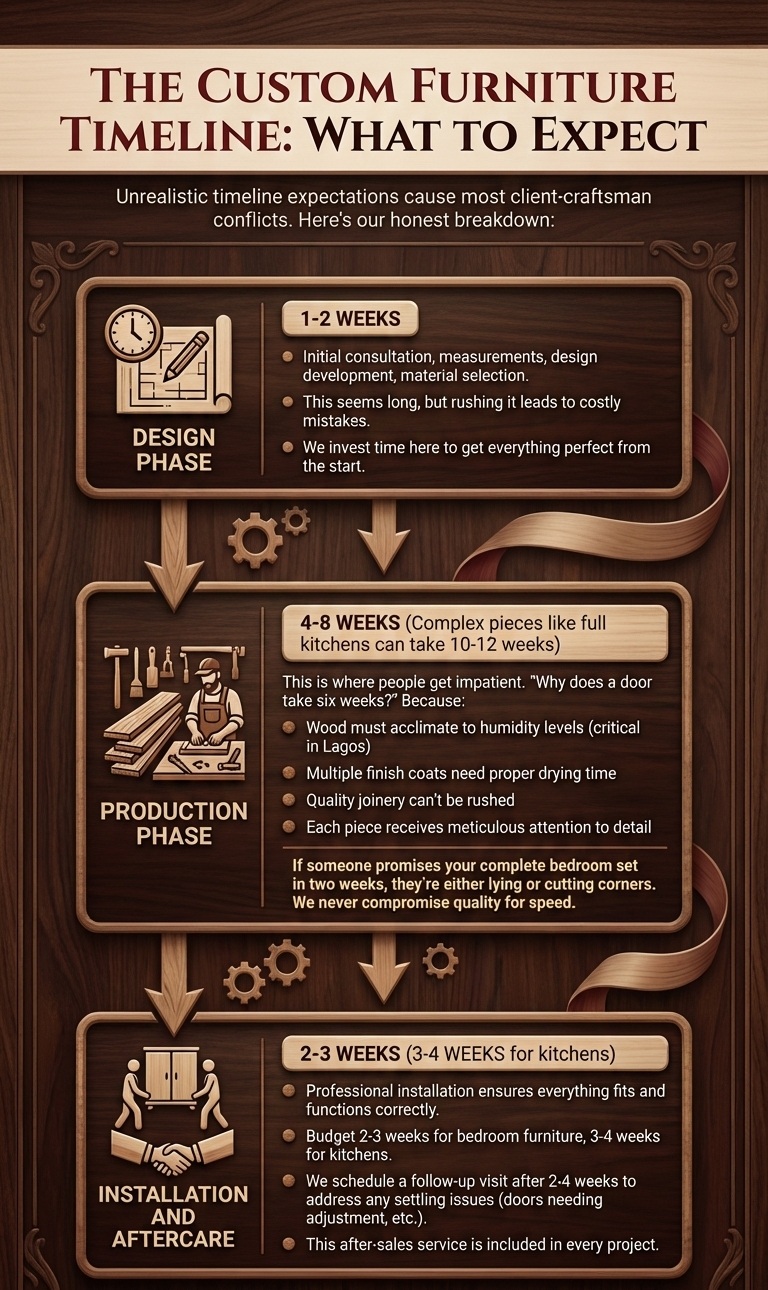 A vertical infographic by Joanswood Creation explaining the 3-phase timeline for custom furniture in Lagos: Design (1-2 weeks), Production (4-8 weeks), and Installation/Aftercare (2-3 weeks).