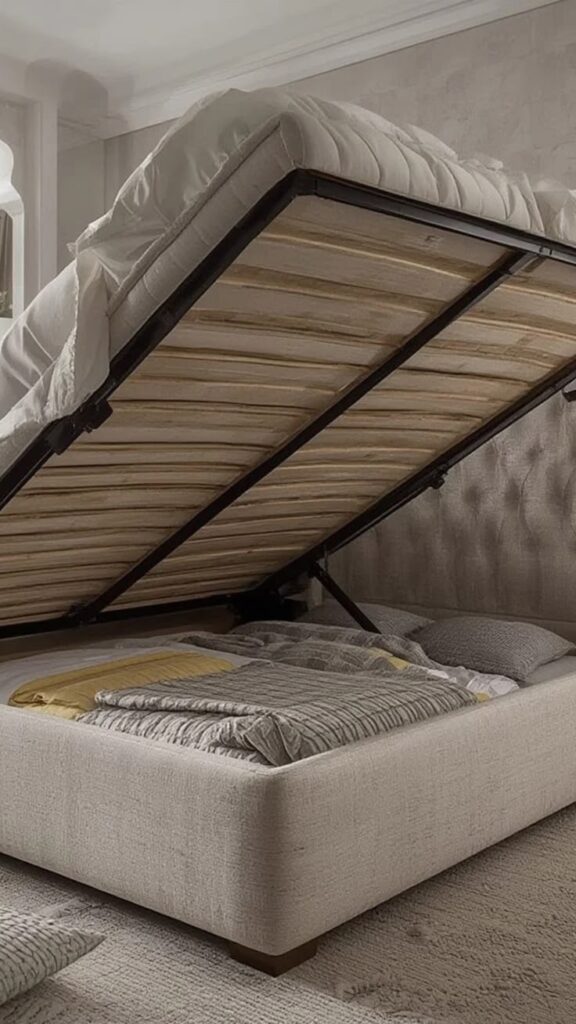 Hydraulic storage bed with hidden storage compartments