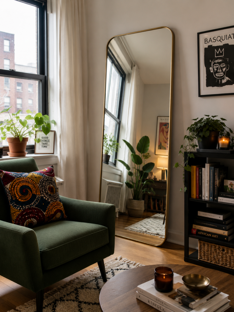 Floor length mirror and Ankara throw pillow styling in small Lagos apartment