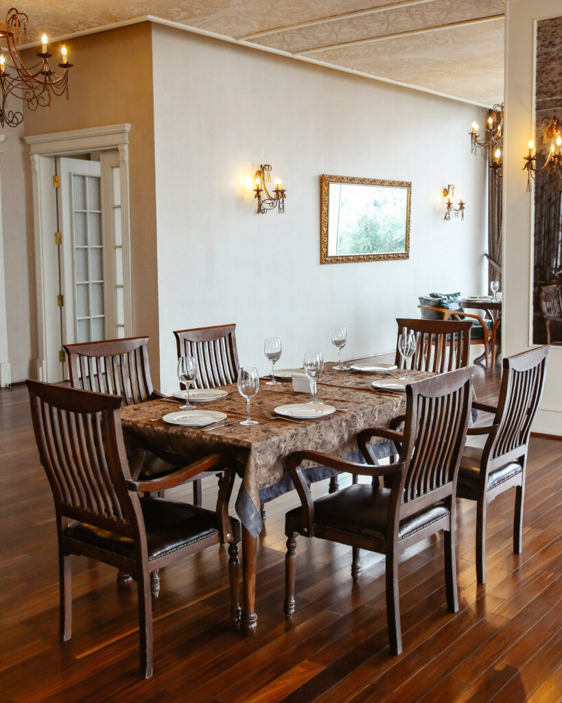 Warm wood dining room