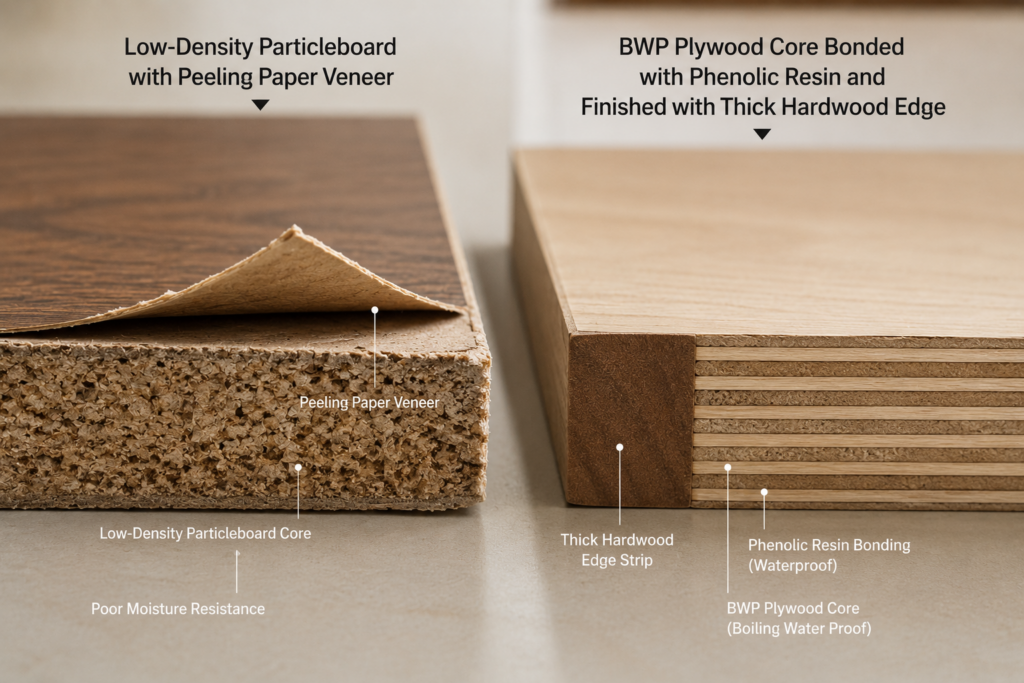 Side by side structural comparison between cheap particleboard and Boiling Water Proof BWP plywood for premium custom furniture.