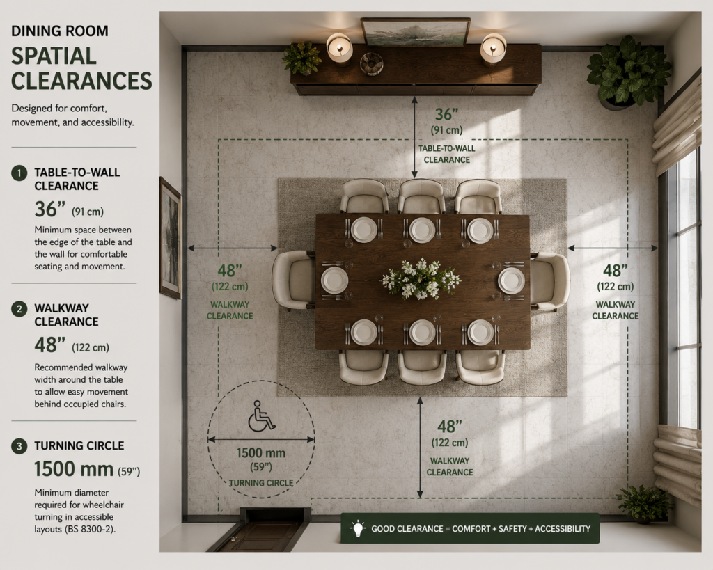Architectural dimension diagram showing dining room furniture layout with 36-inch and 48-inch clearance dimensions.