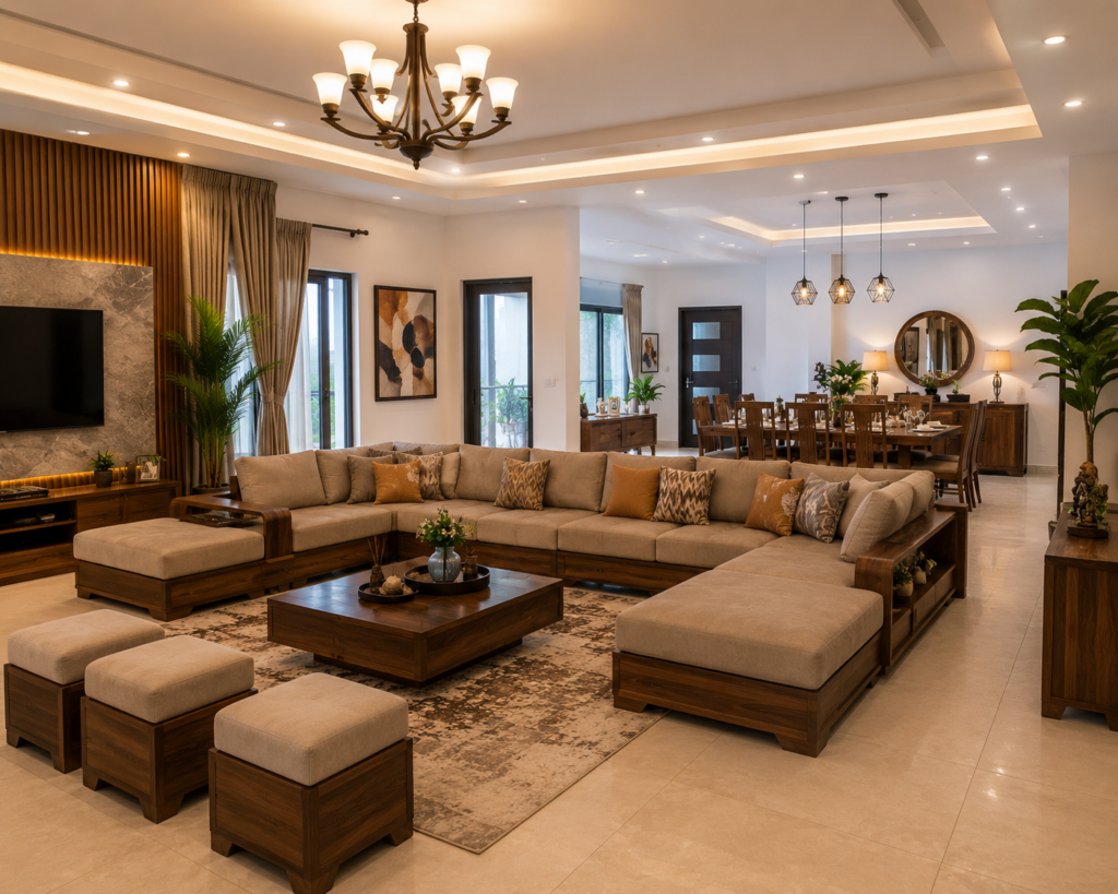 Large Nigerian living room with high-capacity modular seating and solid wood dining table.