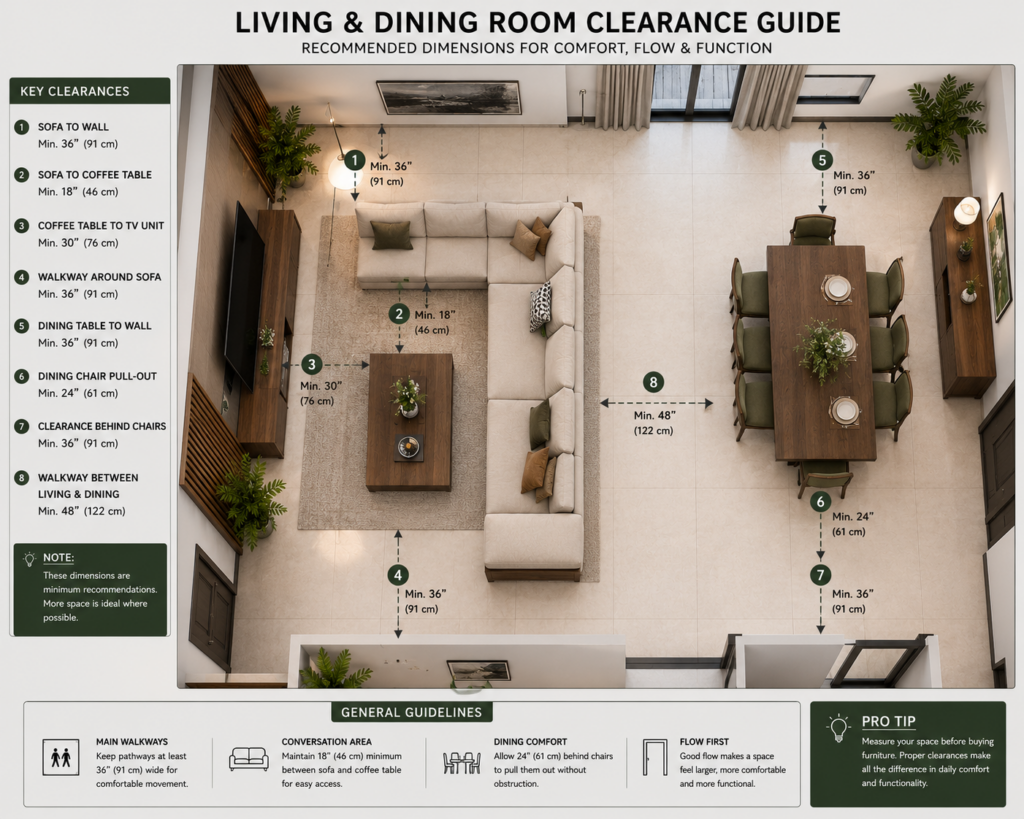Architectural floor plan diagram showing furniture clearance corridors and spatial layout dimensions.