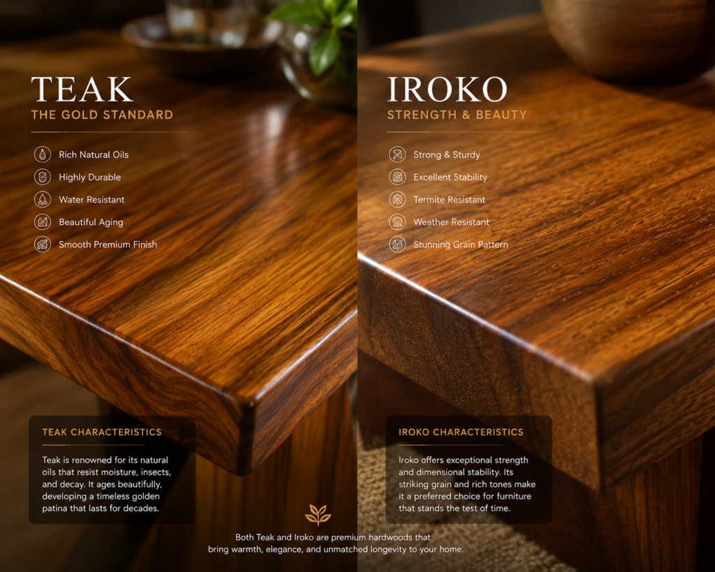 etailed close-up of Teak and Iroko solid hardwood grain textures.