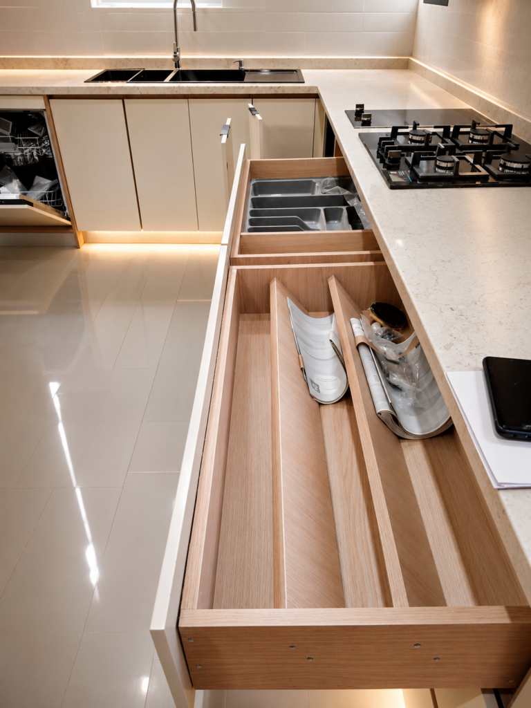 Modern cream and white high gloss custom kitchen cabinets by Joanswood Creations.