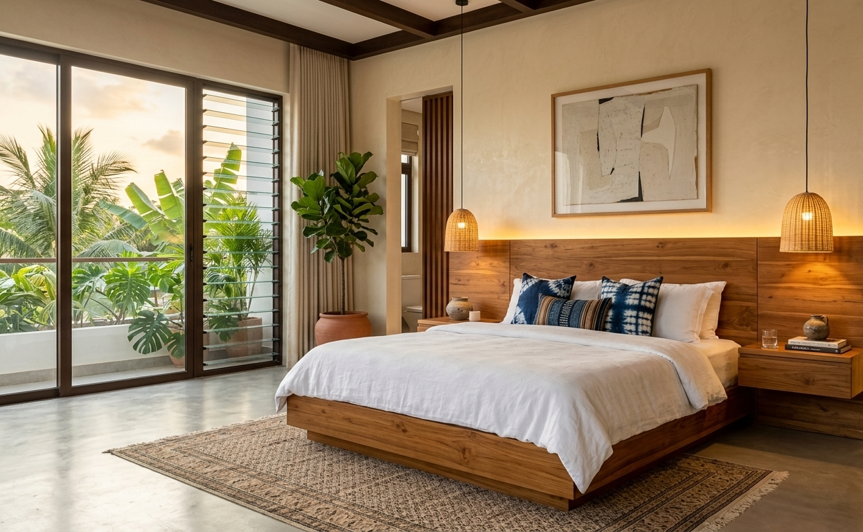 Custom solid teak bed frame in a modern home bedroom setup.
