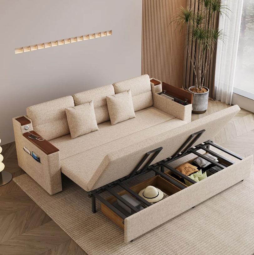 Multifunctional wooden sofa bed designed for compact urban apartments.