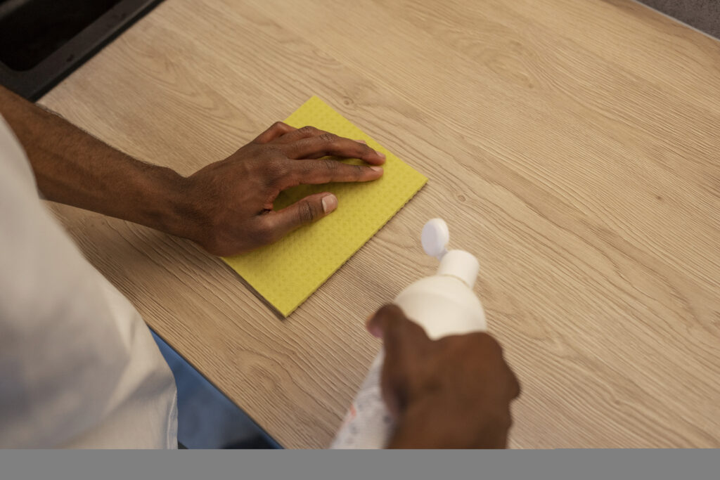 Person wiping down a smooth dark wood table surface with a soft microfiber cleaning cloth.