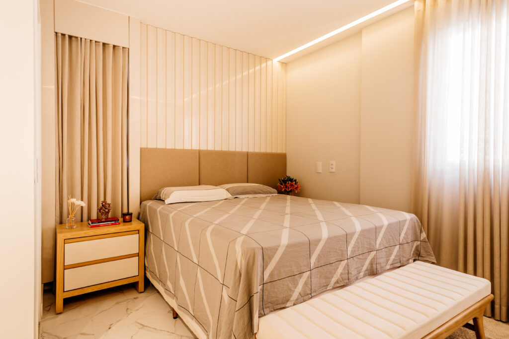 Premium hardwood bed frame with a medium-firm mattress for spinal support and deep sleep.
