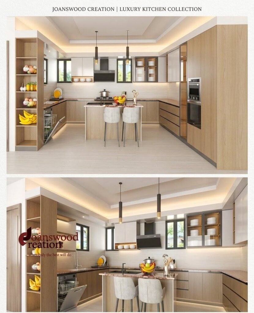 3D technical blueprint layout for a custom kitchen design.