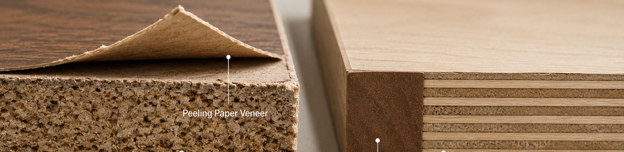 Side by side structural comparison between cheap particleboard and Boiling Water Proof BWP plywood for premium custom furniture.