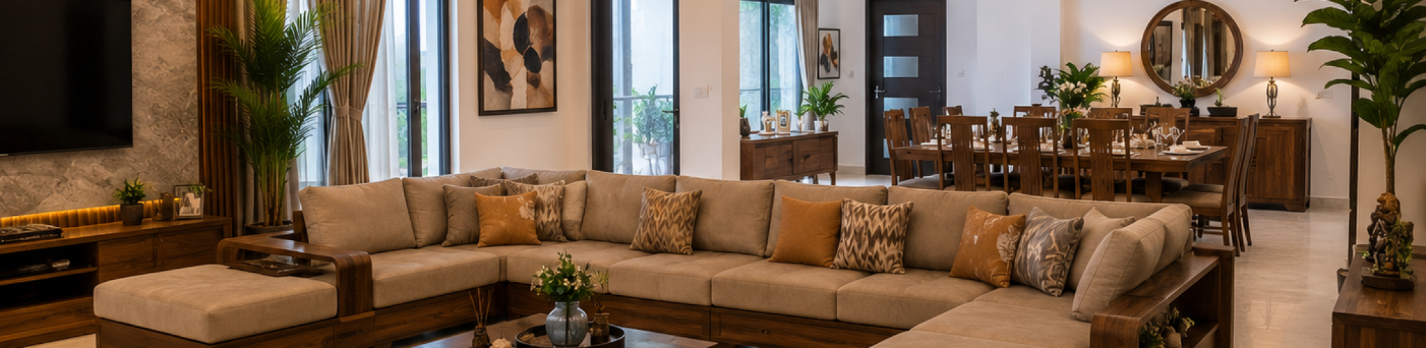 Large Nigerian living room with high-capacity modular seating and solid wood dining table.