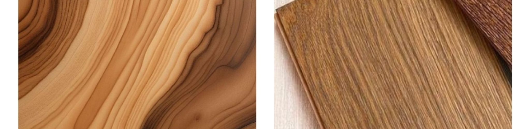 Close-up showing the distinct surface textures of natural wood (left) and engineered wood (right).