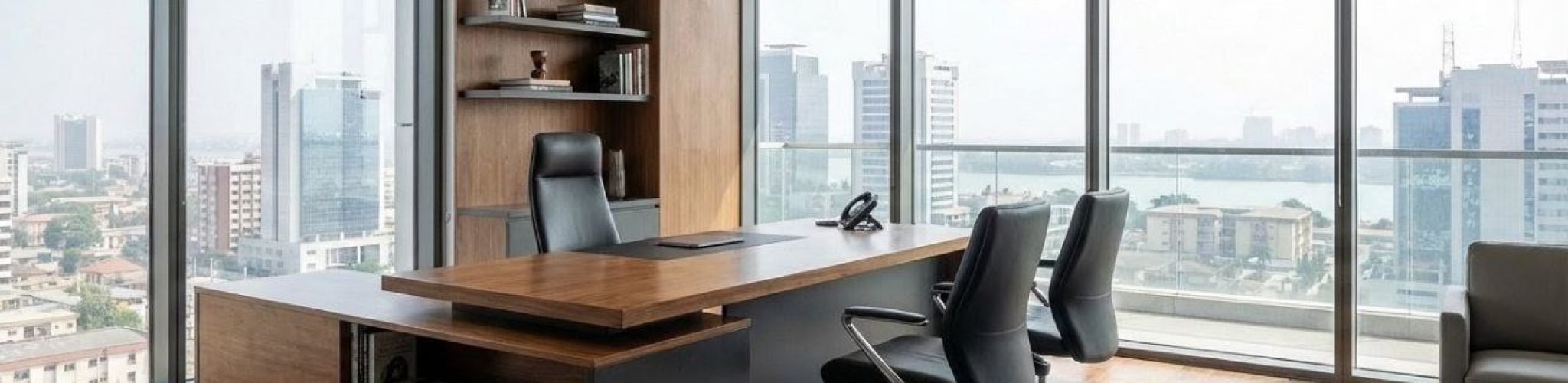A high-end, photorealistic corporate office interior in Lagos, Nigeria, showcasing bespoke office furniture.